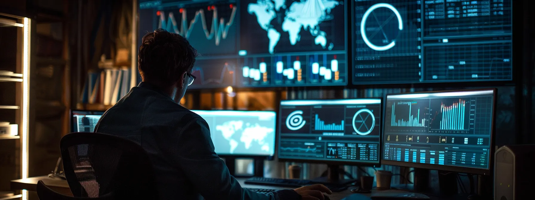 a person analyzing a detailed seo report on a computer screen, surrounded by graphs and charts depicting keyword performance and content effectiveness.