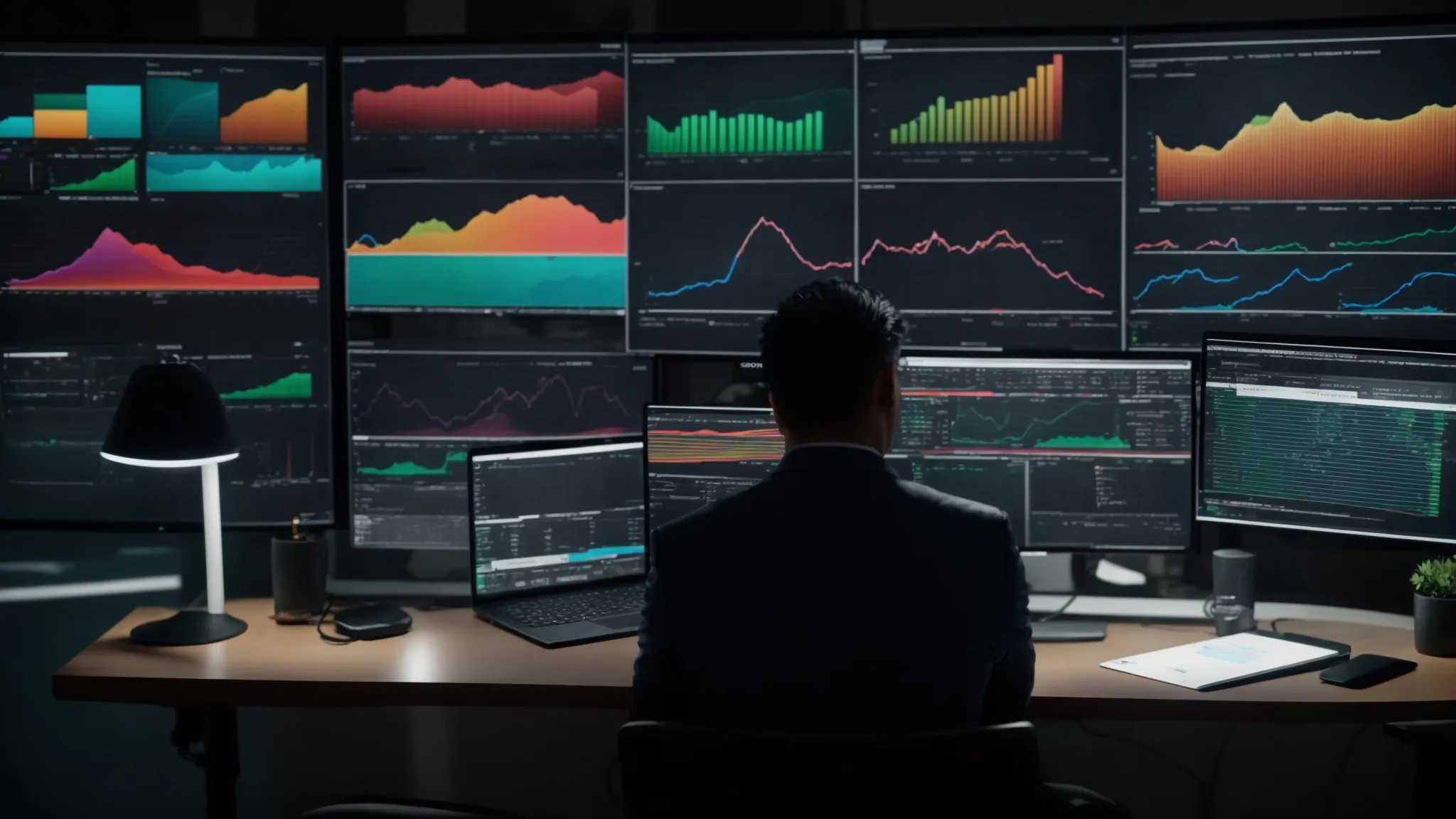 a person analyzing a detailed seo report, surrounded by colorful charts and graphs, while making adjustments to a website on a computer screen.