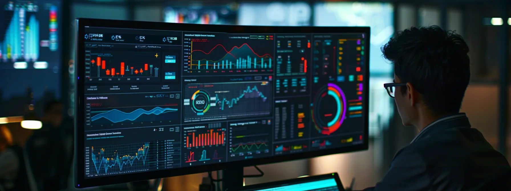 a person analyzing a real-time seo dashboard with colorful graphs and charts, making adjustments based on data trends for improved performance.