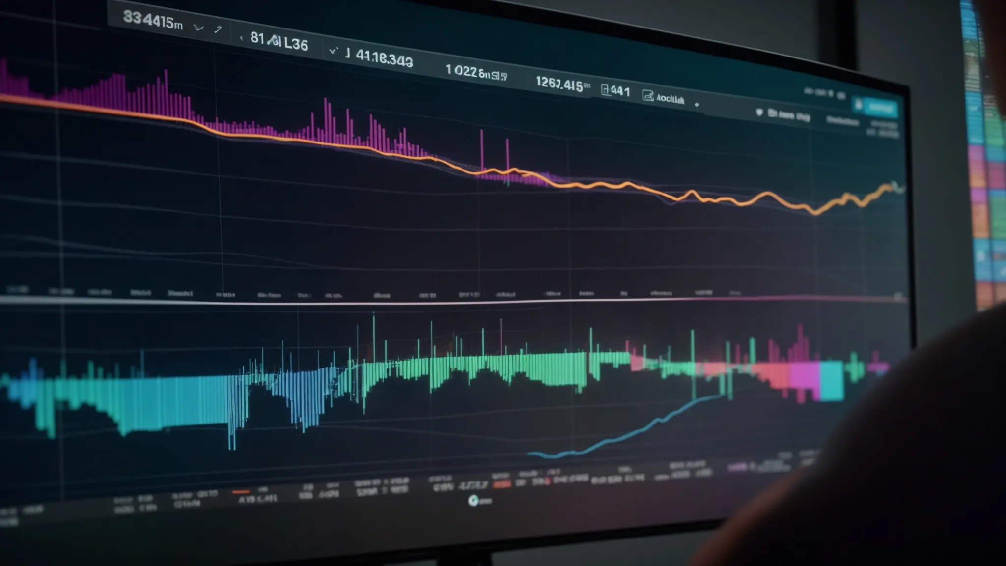 a person analyzing a screen displaying colorful keyword graphs, a detailed backlink profile chart, and technical seo data to boost website rankings.