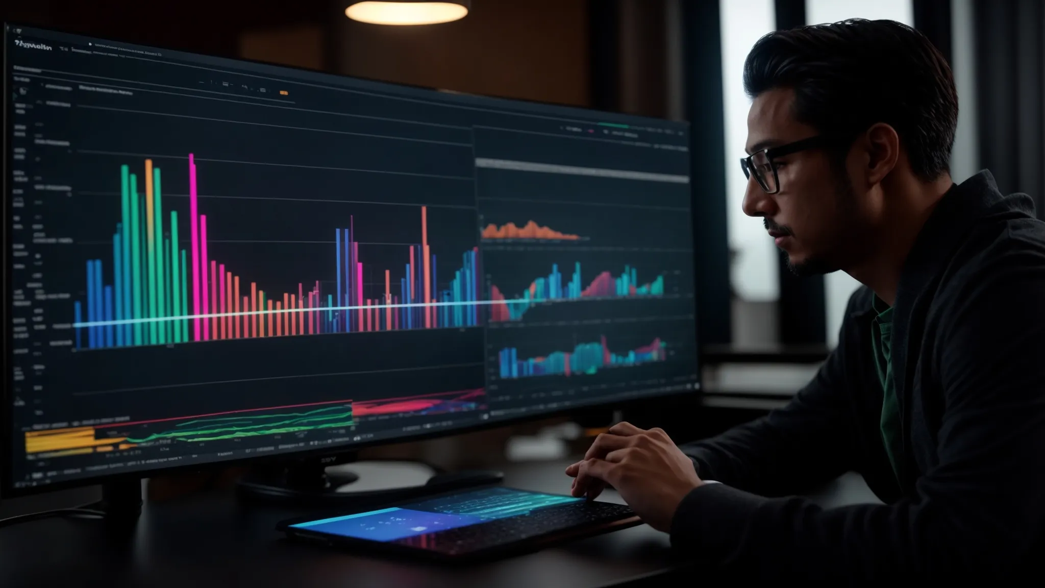 a person analyzing colorful graphs and charts on a computer screen to monitor seo progress and adjust strategies.