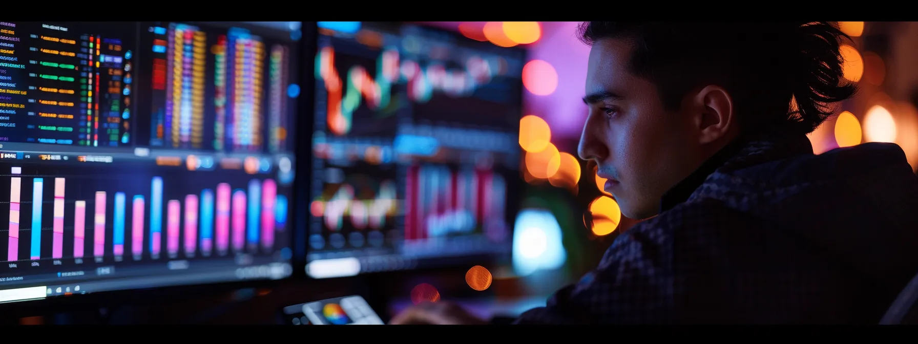 a person analyzing data on a computer screen with colorful graphs and charts, showcasing the monitoring and adjustment of a rei keyword strategy for seo success.