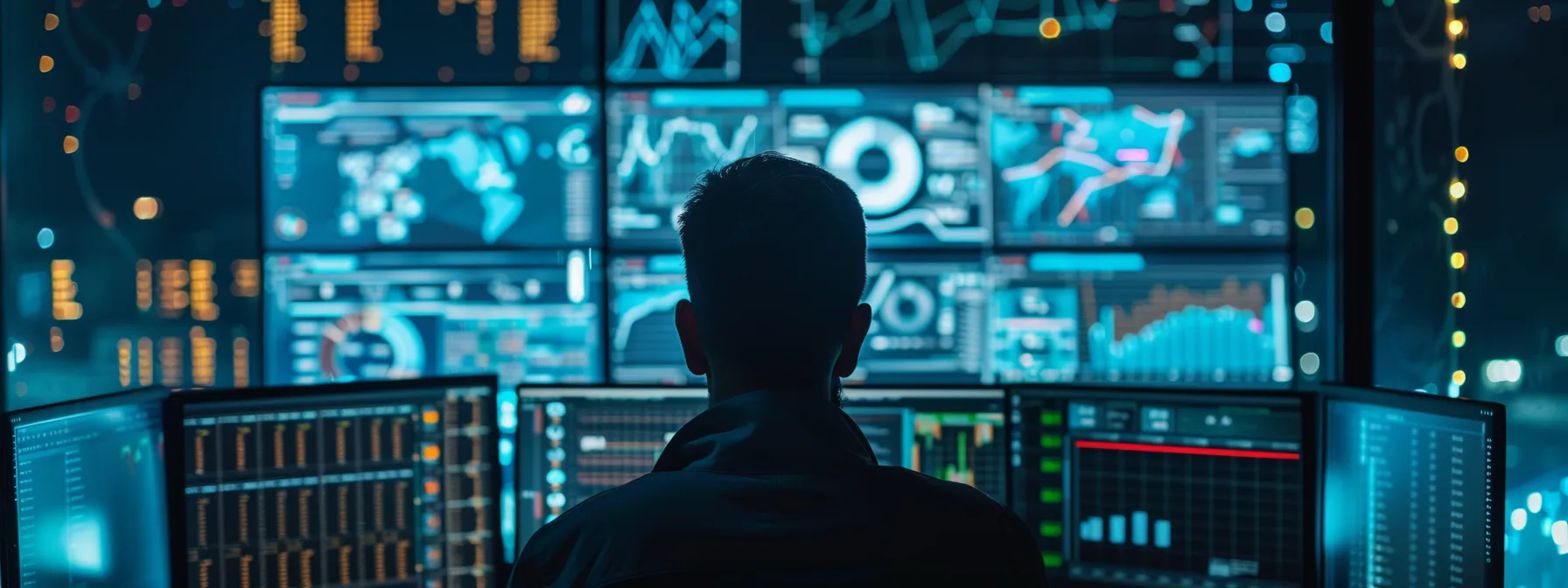 a person analyzing data on a computer screen, surrounded by charts and graphs, to monitor and refine their local seo strategy for real estate investing.