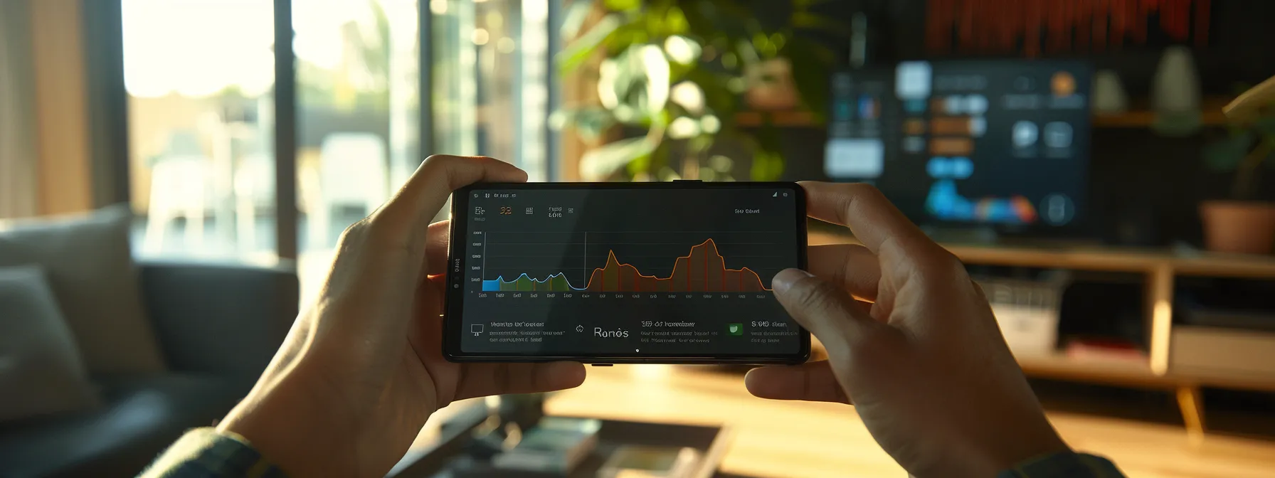 a person analyzing mobile performance metrics on a sleek, modern smartphone with a real estate website displayed on the screen, surrounded by analytical charts and graphs.