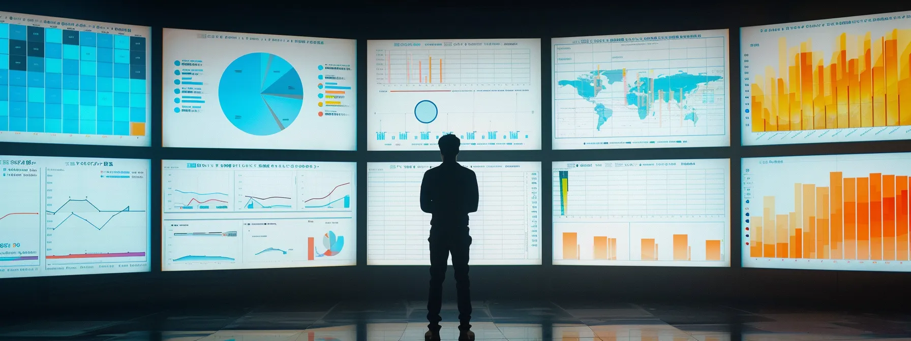 a person analyzing multiple screens displaying various seo performance metrics and data visualization tools.