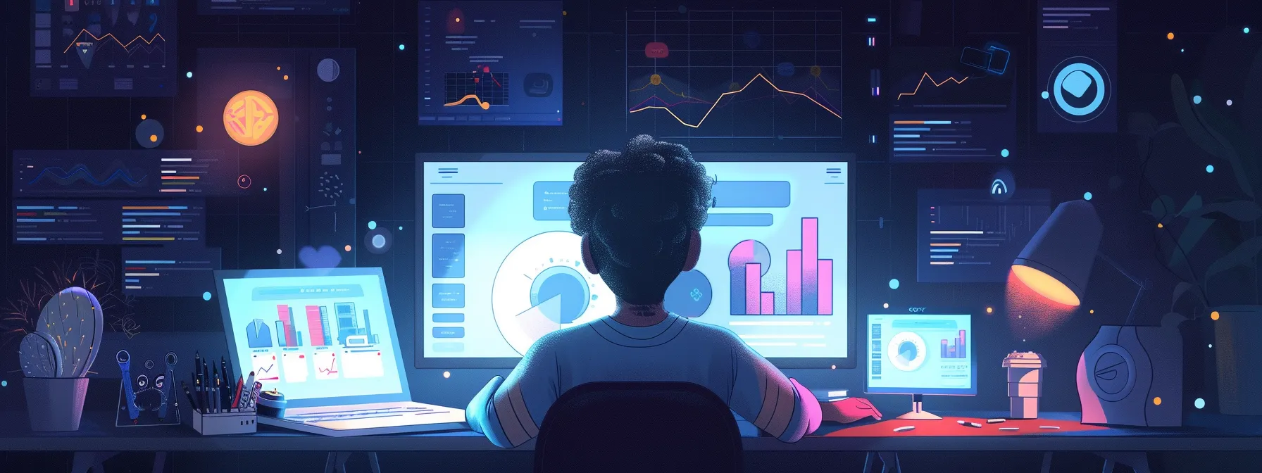 a person at a desk with a laptop surrounded by various tools and charts, analyzing backlinks and duplicate content for a technical seo audit of their rei website.