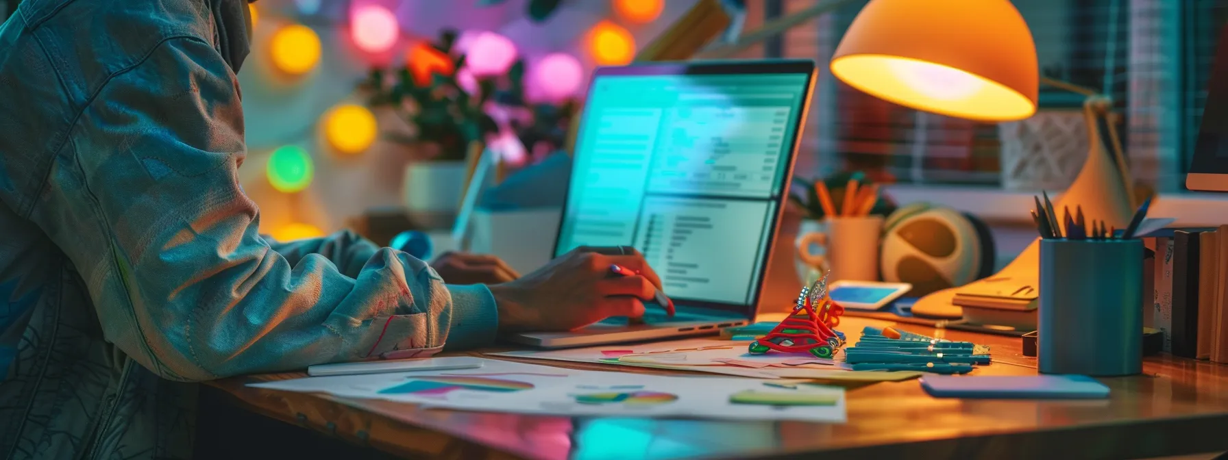 a person comparing various colorful keyword analysis tools on a desk, with user reviews and testimonials on display in the background.