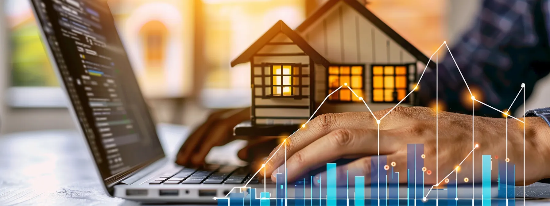 a person conducting keyword research on a laptop, surrounded by real estate investment graphs and charts, showcasing the impact of keywords on rei seo success.