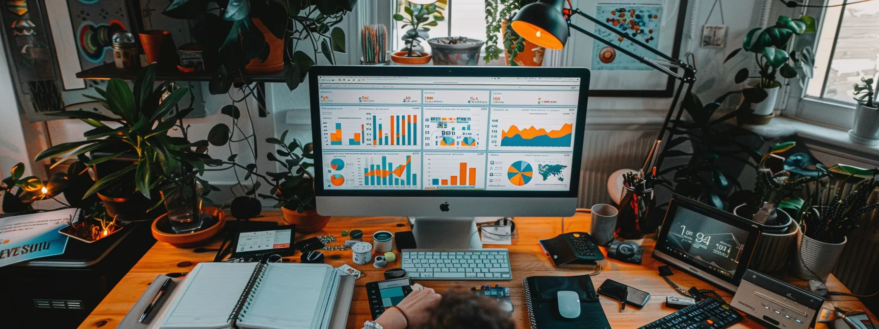 a person examining a computer screen displaying colorful charts and graphs from ahrefs and semrush, surrounded by various seo tools and notebooks on a cluttered desk.