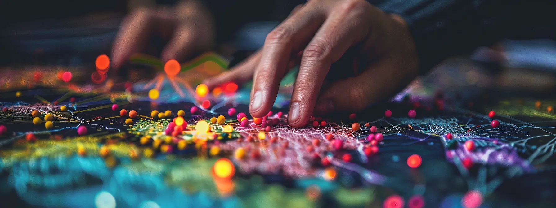 a person organizing a colorful collection of keywords on a vibrant mind map.