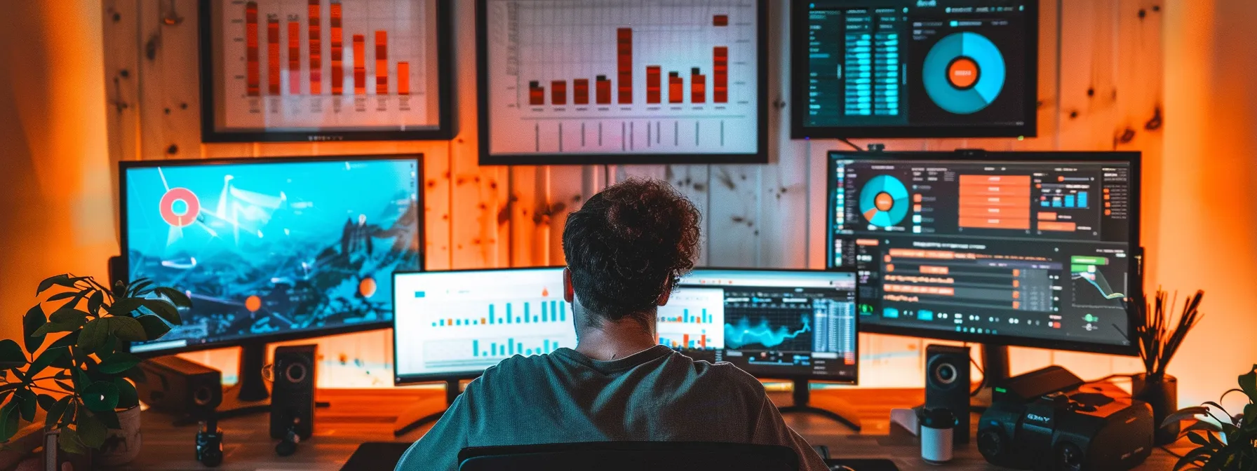 a person sitting at a desk, surrounded by computer screens displaying various keyword analysis tools, with graphs and charts showing seo metrics.