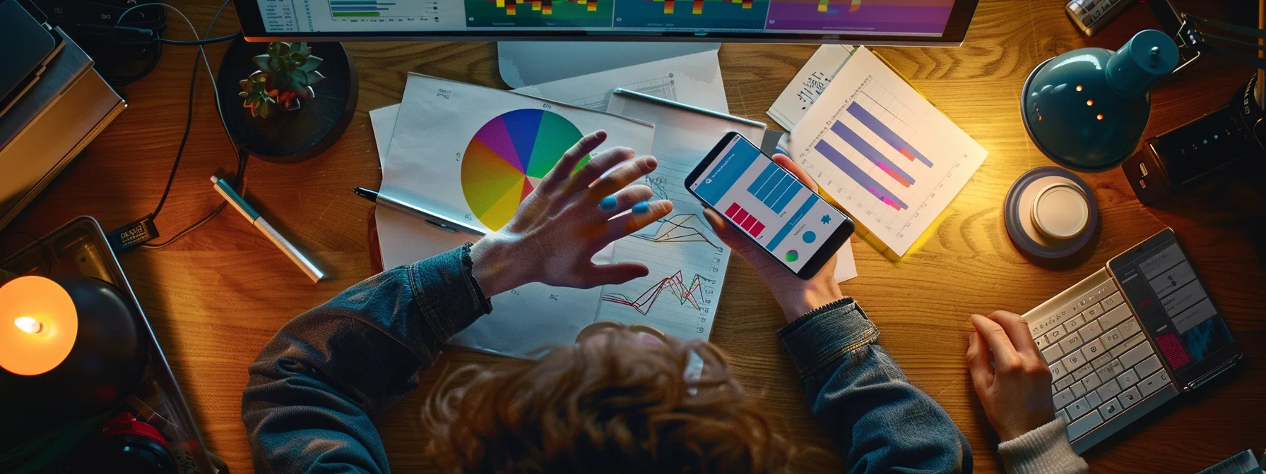 a person sitting at a desk, analyzing a colorful mobile website design on a smartphone screen while surrounded by charts and graphs related to mobile site performance.