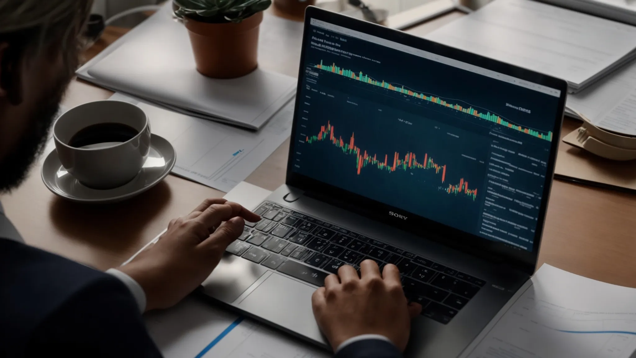 a person sitting at a desk with a laptop, surrounded by papers and charts, mapping out a strategic plan for competitive analysis in seo.