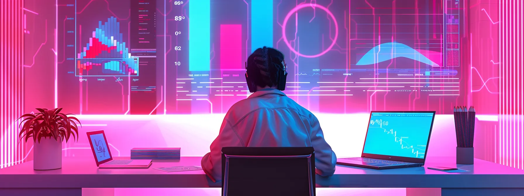 a person sitting at a sleek desk with a laptop open, surrounded by colorful graphs and charts representing different keyword research tools like google keyword planner, semrush, and ahrefs.