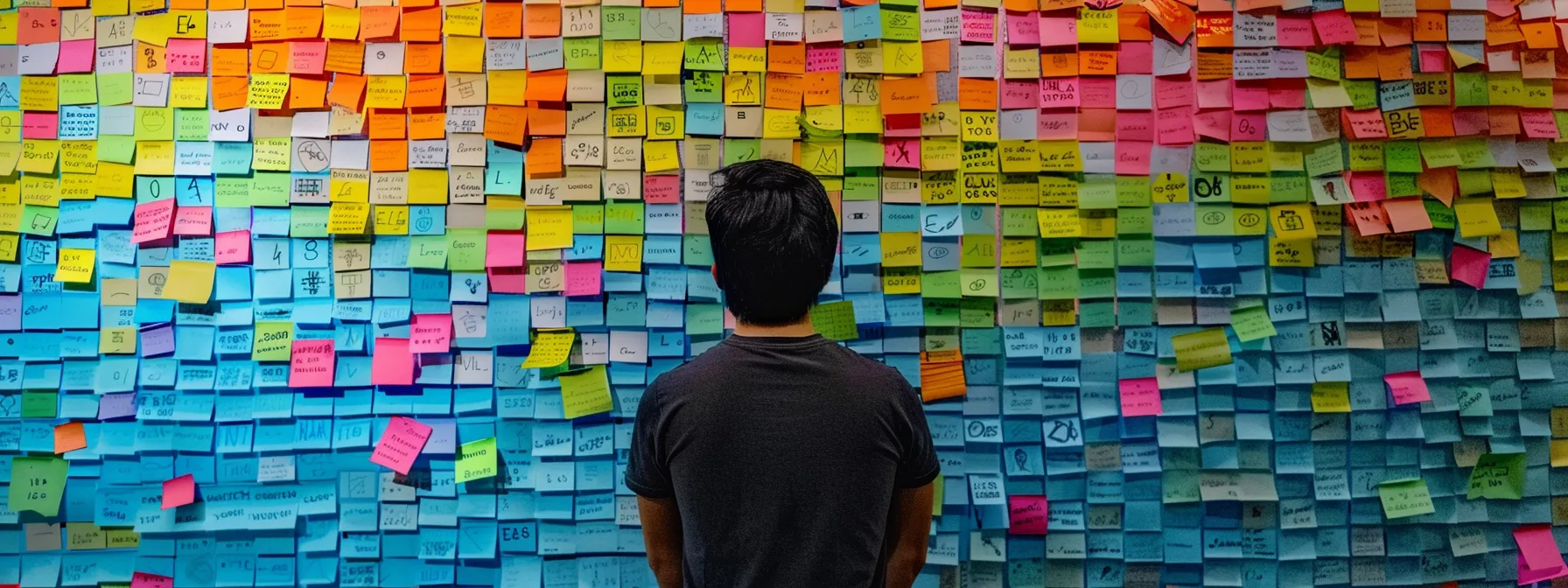 a person studying a wall covered in colorful sticky notes mapping out competitor keywords in the local real estate market.