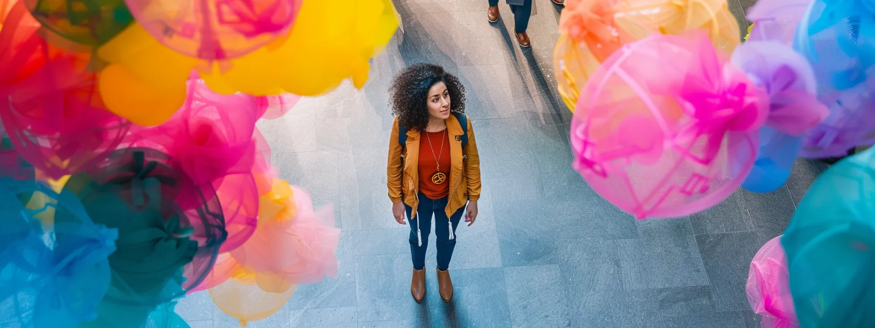 a person surrounded by colorful keyword clouds, connecting with a diverse group of people in a vibrant marketplace.