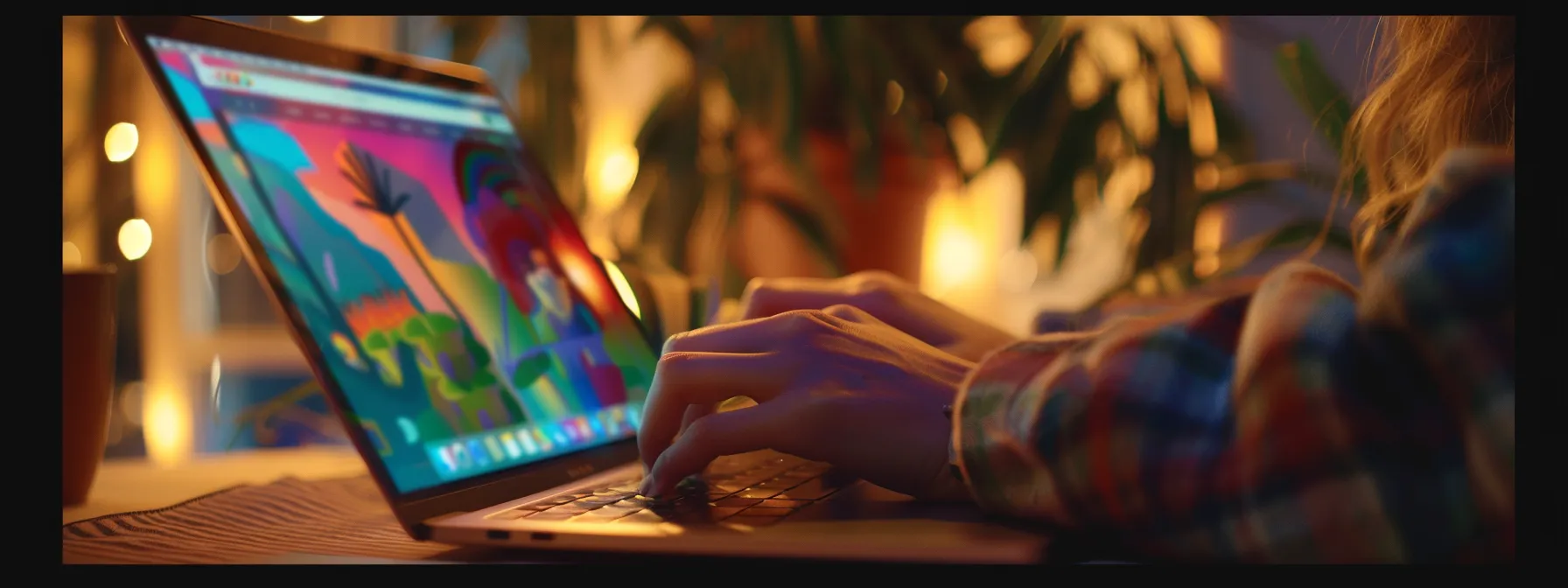 a person typing on a laptop with a focus on the screen displaying a colorful, responsive web design layout.