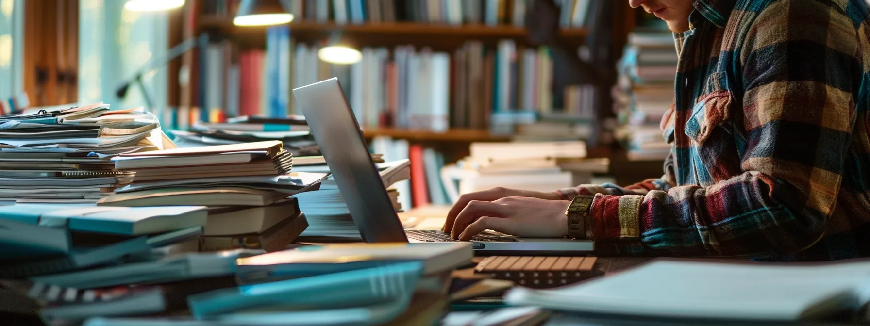 a person typing on a laptop, surrounded by stacks of research material on outdoor activities and hiking, focusing on identifying valuable guest blogging opportunities in the rei industry to enhance seo.