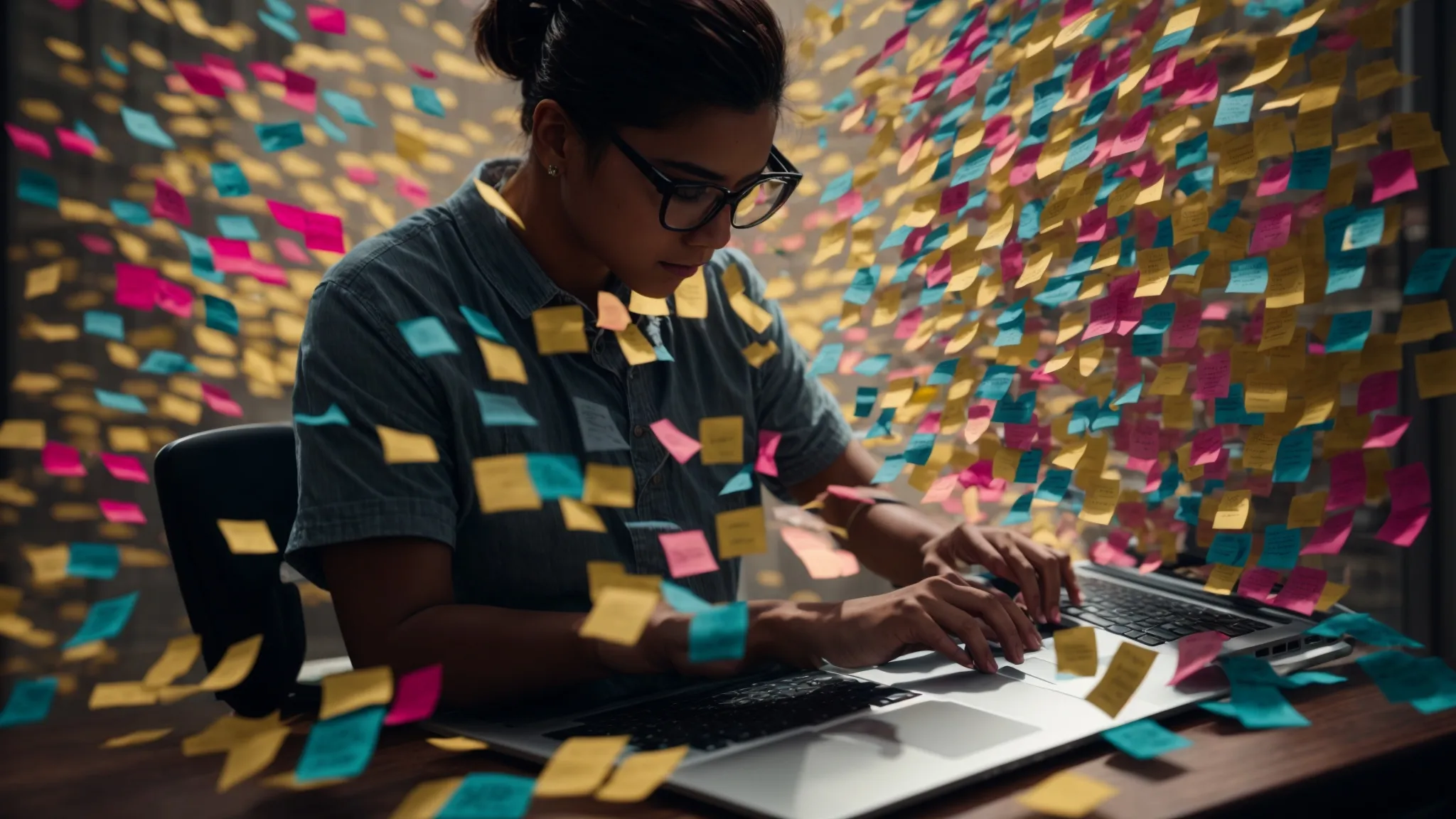 a person typing on a laptop, surrounded by colorful sticky notes with various keywords written on them.