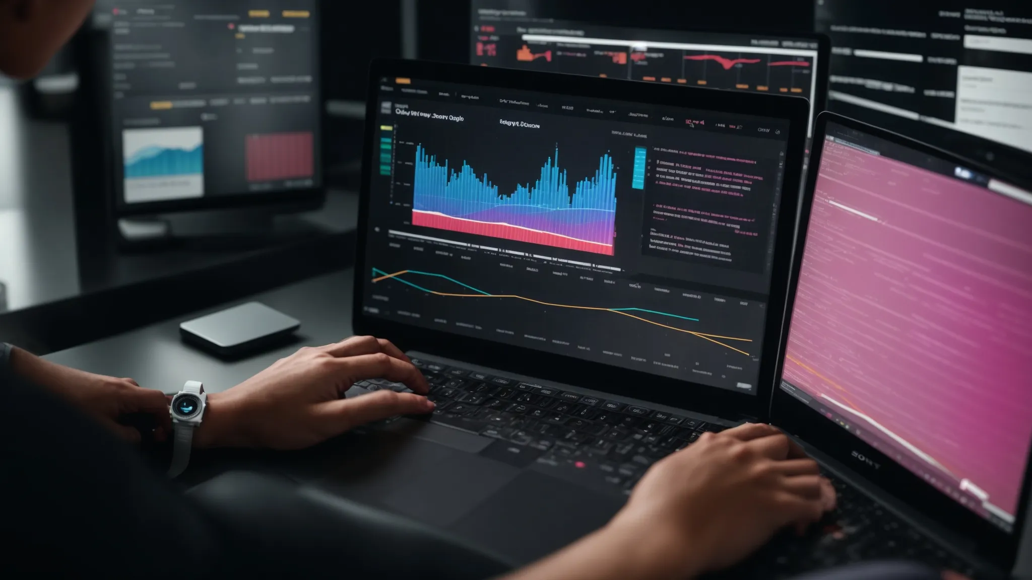 a person typing on a sleek laptop, surrounded by colorful graphs and charts on a large screen, showcasing the process of transforming analysis into actionable reports for seo strategy enhancement.