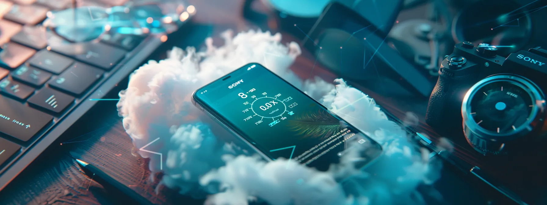 a phone placed on a stopwatch with a speedometer showing fast loading speed, surrounded by lightweight website elements like clouds and feathers.