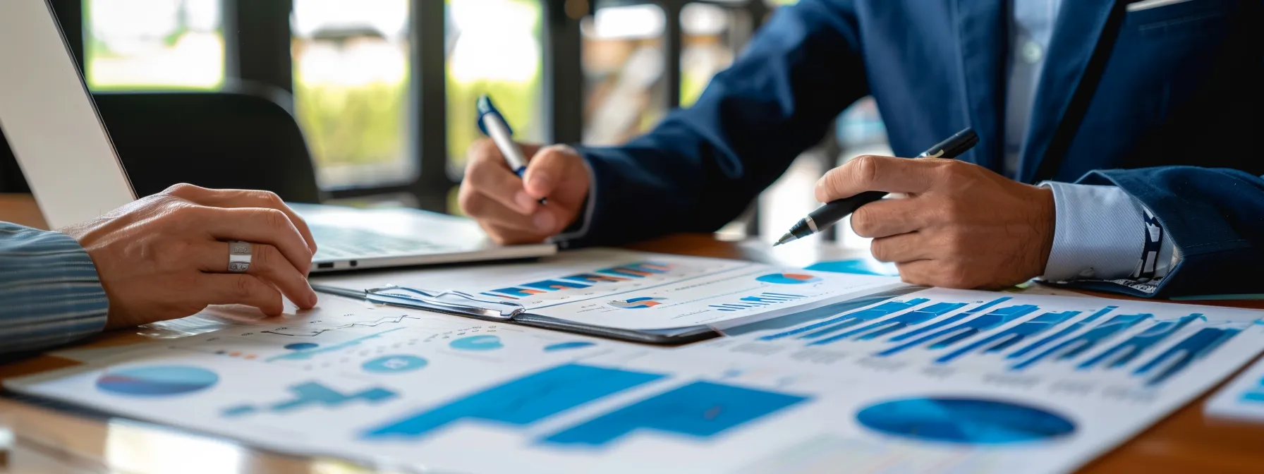 a photographer capturing a businessman studying a screen filled with graphs and data, analyzing competitors' keyword strategies in the real estate investing market.