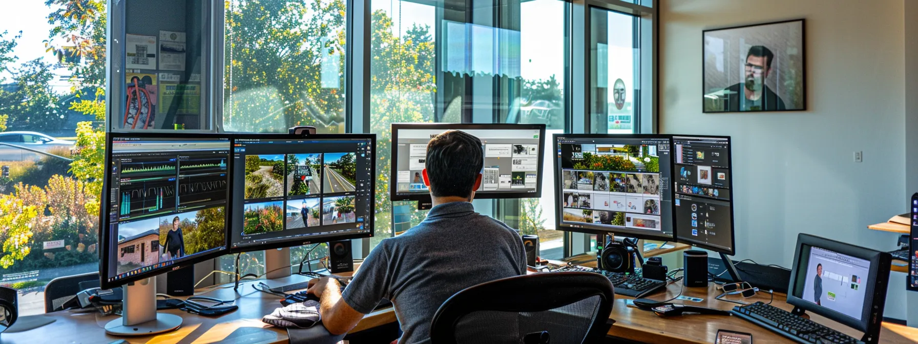 a photographer capturing a person at a desk surrounded by computer screens displaying trending keywords, property listings, and social media analytics, highlighting the process of crafting a keyword-driven content strategy for rei marketing.