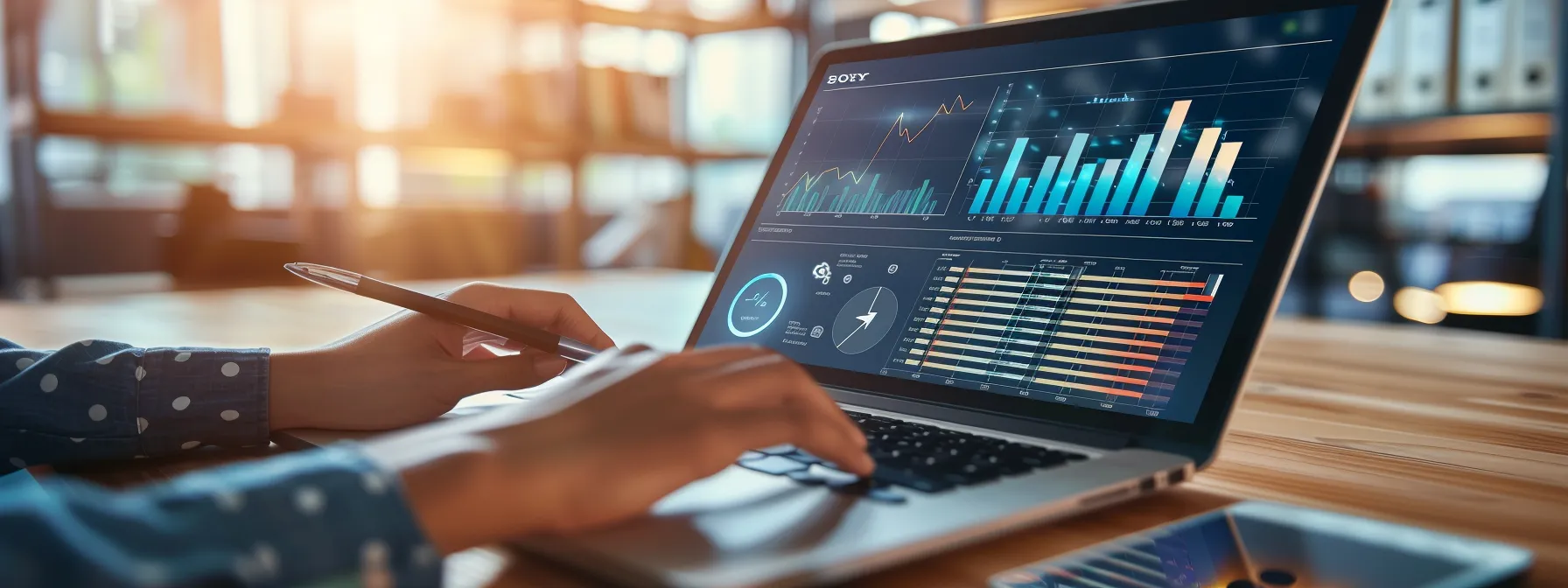 a real estate agent analyzing website traffic data and ranking changes on a laptop with focused determination in a modern office setting.