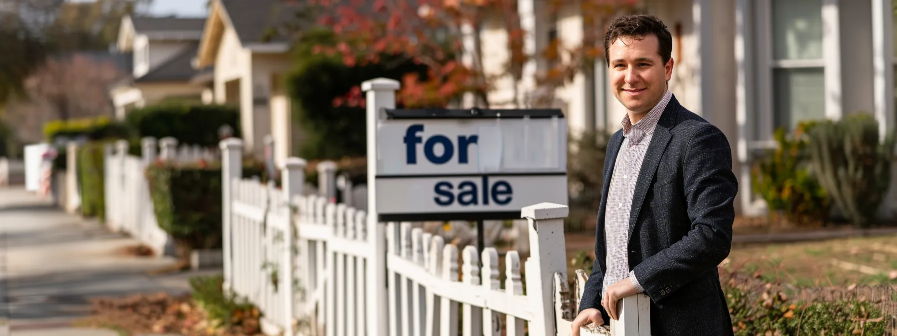 a real estate investor standing next to a prominently displayed 