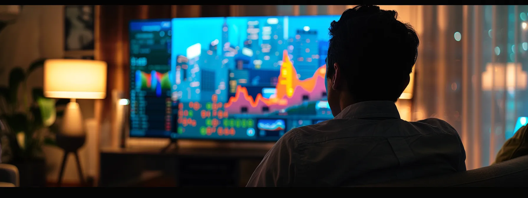 a real estate investor studying a colorful graph of search trends on a computer screen.