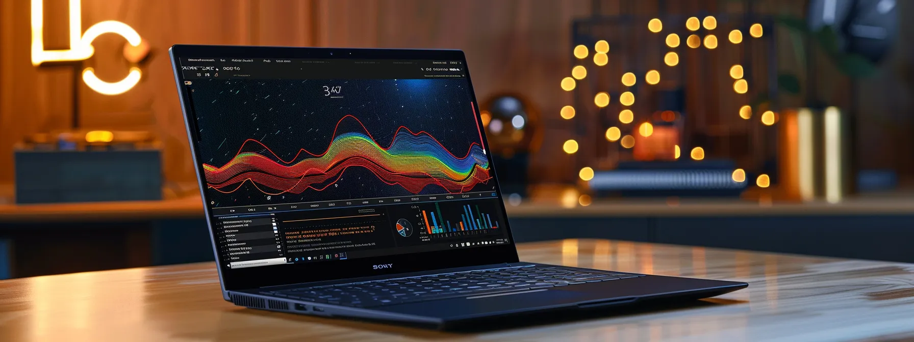 a sleek laptop displaying a detailed keyword analysis tool interface, with vibrant graphs and charts showcasing advanced seo data.