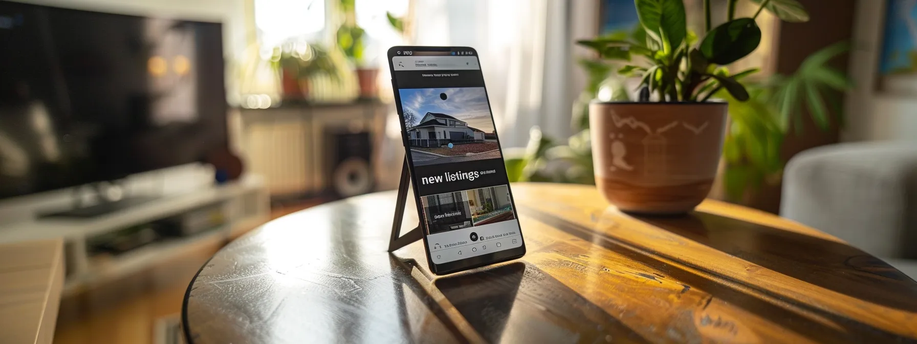 a sleek, modern smartphone displaying a real estate website loading lightning-fast with the headline 