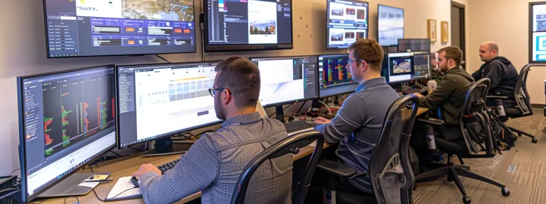 a team of digital marketers analyzing rei website data on multiple computer screens in a sleek, modern office setting.