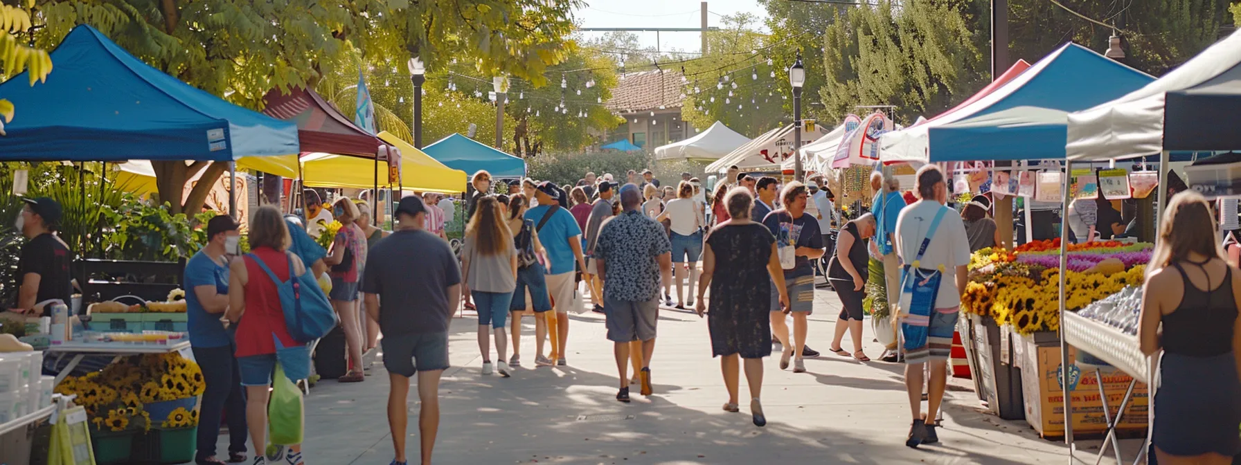 a vibrant and bustling local farmers market with vendors engaging with customers through social media platforms to boost their seo efforts.