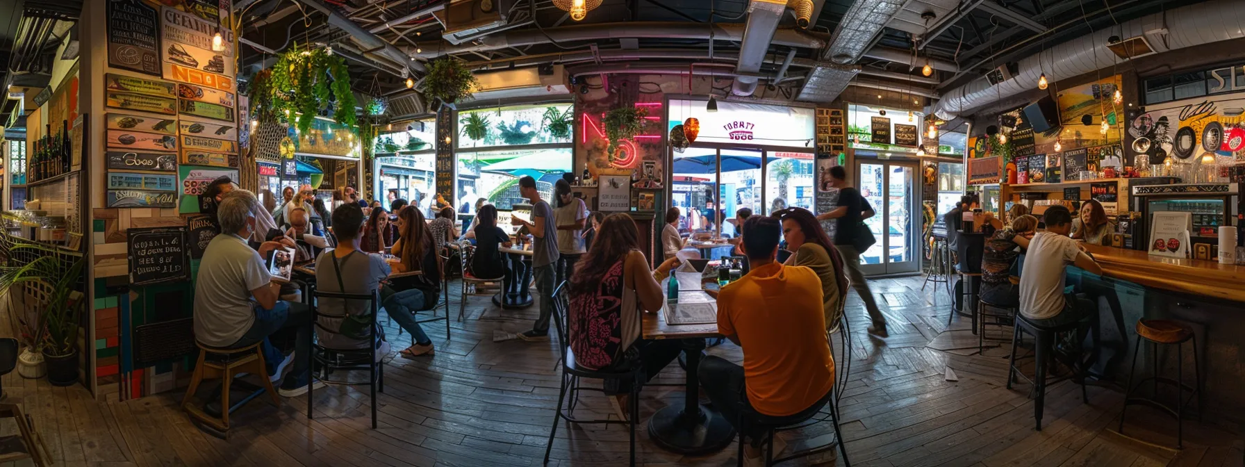 a vibrant local cafe bustling with customers taking photos and sharing reviews on social media, showcasing a strong integration of social media into local seo strategies.