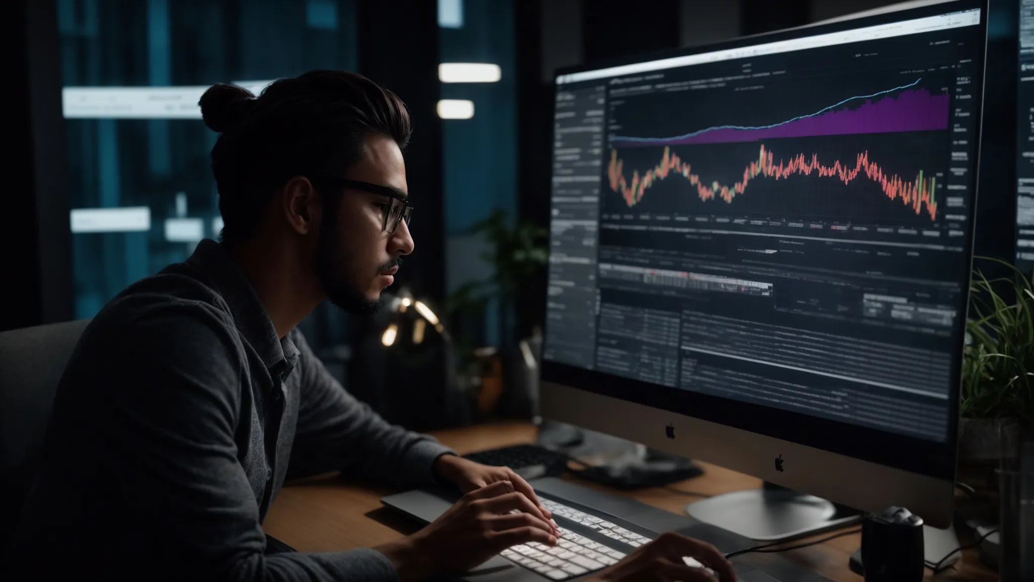 a website developer analyzing data on a computer screen, surrounded by graphs and charts, showcasing mobile speed optimization efforts.