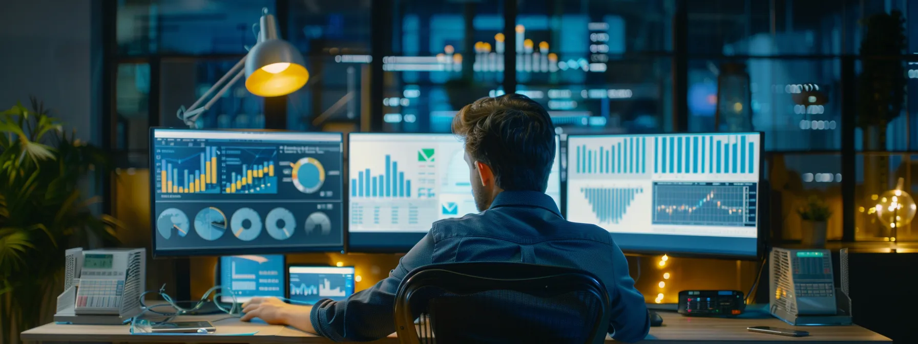 a person analyzing data on a computer screen showing keyword performance and seo roi in a modern office setting.