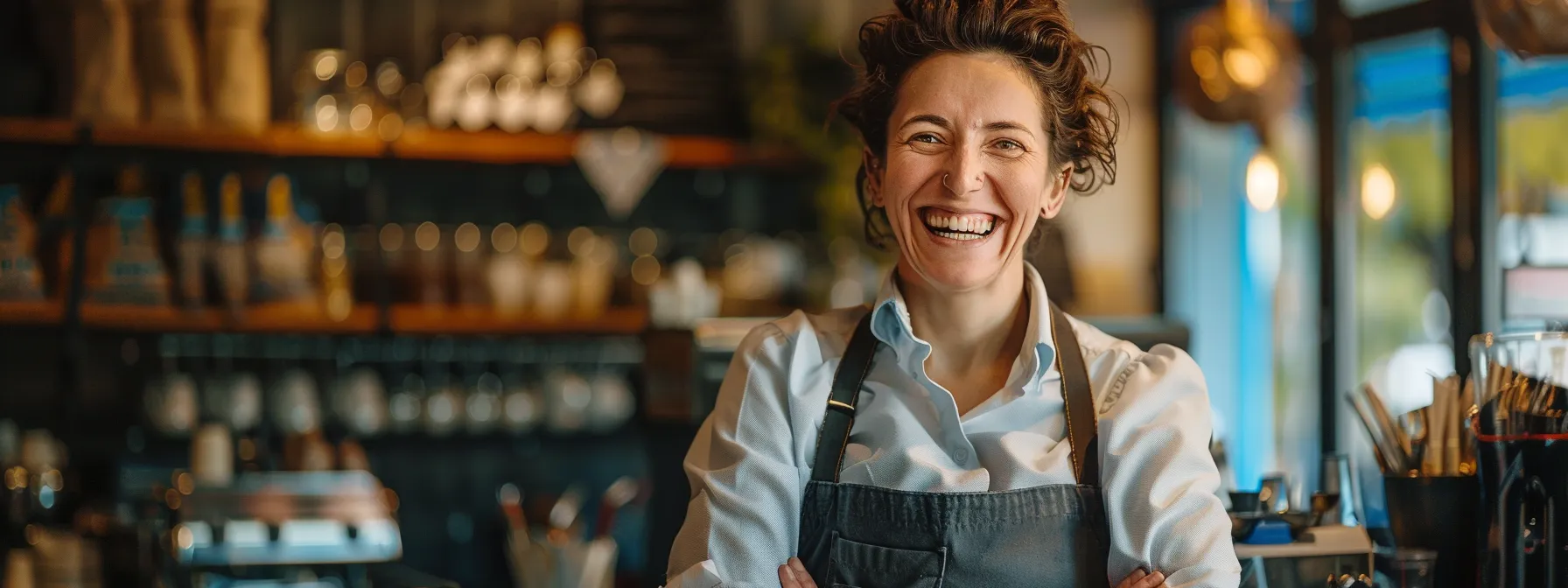 a business owner smiling as they respond to a positive online review, showcasing their commitment to customer satisfaction and improving their online reputation.