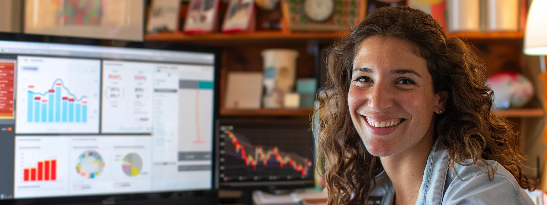 a business owner smiling while engaging with positive online reviews on a computer screen, surrounded by charts showing increased local seo rankings.