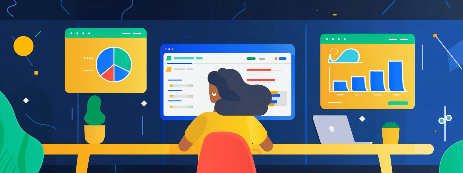 a person analyzing customer feedback on a laptop, surrounded by colorful charts and graphs highlighting keyword opportunities to boost local seo.