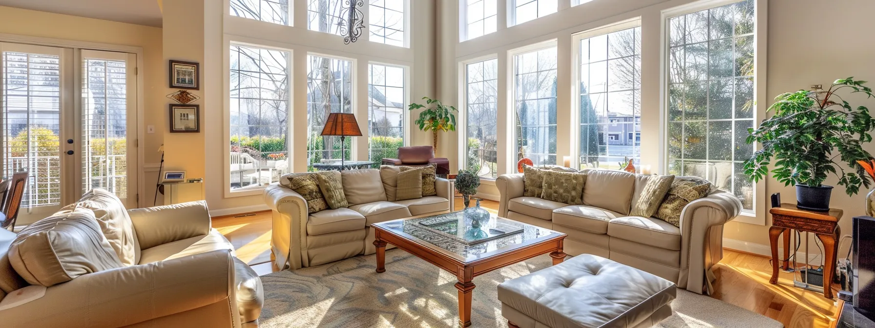 a bright, spacious living room with modern furnishings and large windows, showcasing the property's charm and elegance.