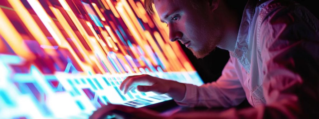 a focused seo guy typing an engaging article on a bright laptop screen.