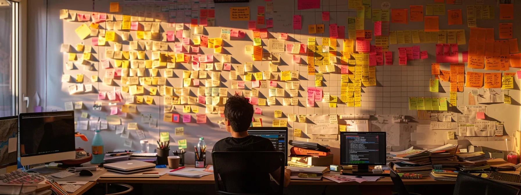 a focused seo professional surrounded by stacks of content drafts, strategically mapping out topics on a whiteboard covered in colorful sticky notes.