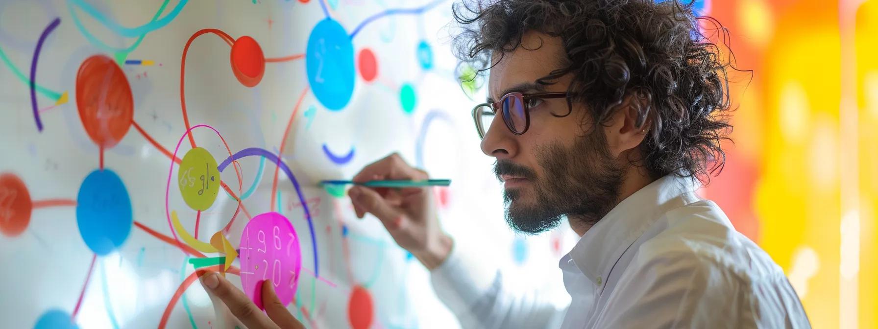 a focused seo specialist meticulously arranging colorful, interconnected circles representing various topics on a whiteboard.