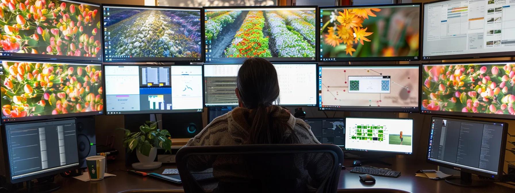 a focused seo strategist analyzing data on multiple computer screens in a modern, tech-savvy office setting.