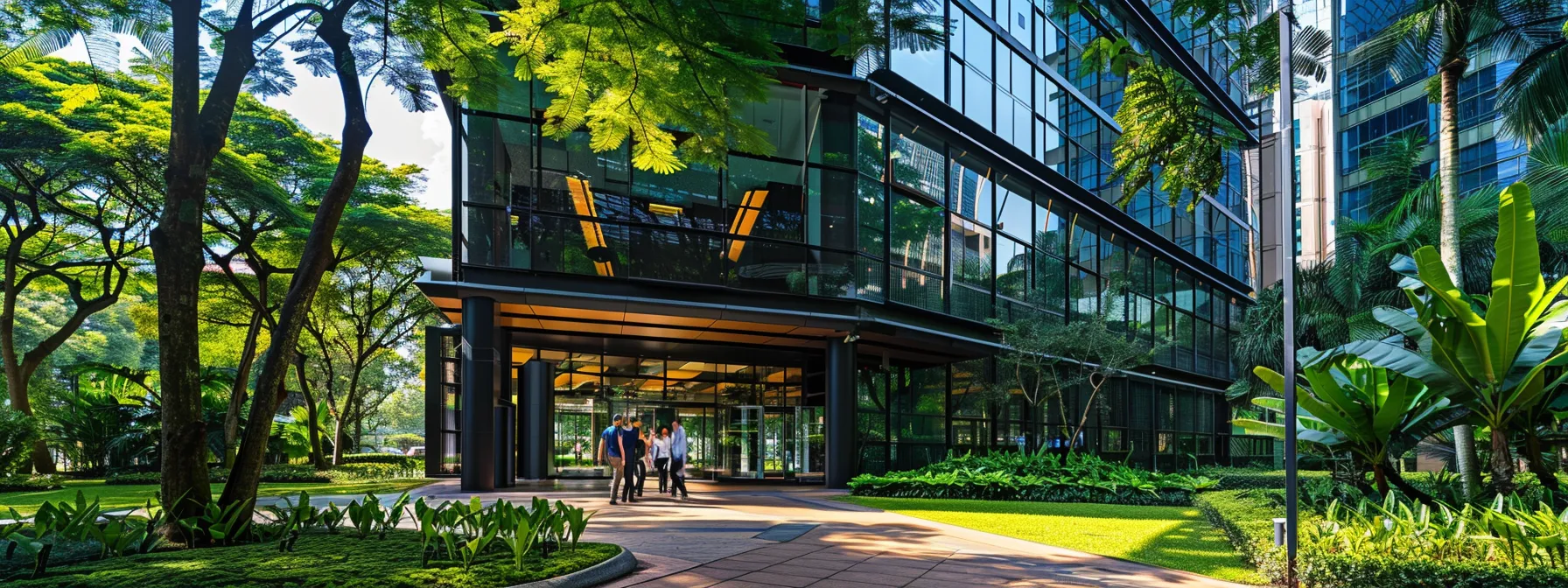 a modern office building surrounded by vibrant green trees, standing out among other properties with prominent online visibility and a stream of potential investors walking towards it.