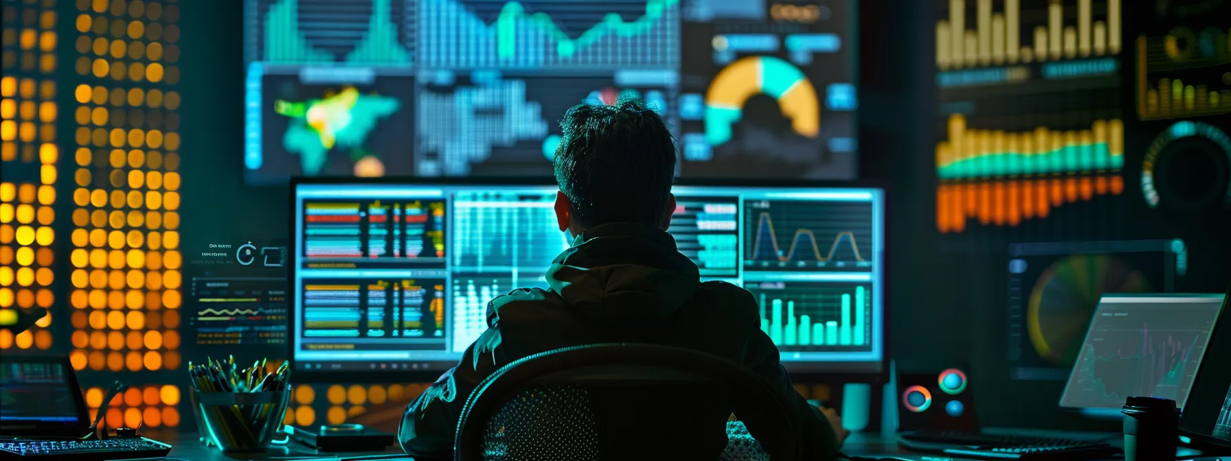 a person monitoring various colorful graphs and charts on a computer screen, surrounded by stacks of data and reports, all focused on seo kpis and campaign performance.