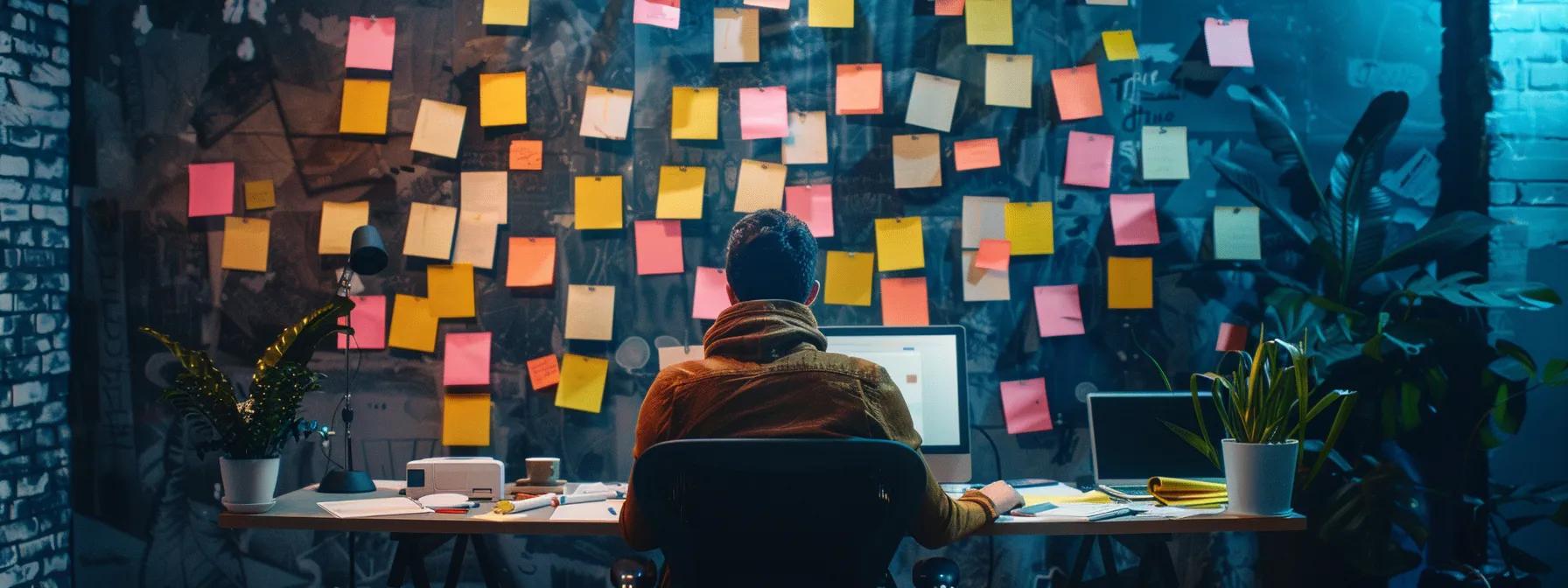 a person sitting at a desk surrounded by sticky notes with various low-hanging fruit keywords, strategizing their seo approach.