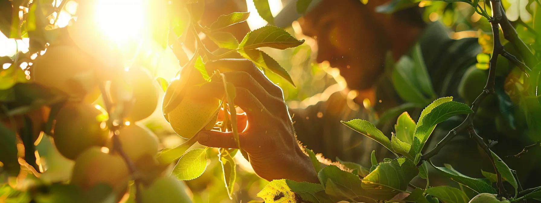 a person strategically selecting ripe, low-hanging fruit from a tree in a sunny orchard.