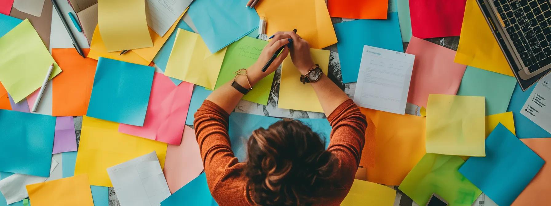 a person surrounded by colorful sticky notes and keyword research tools, brainstorming core topics for an seo article.